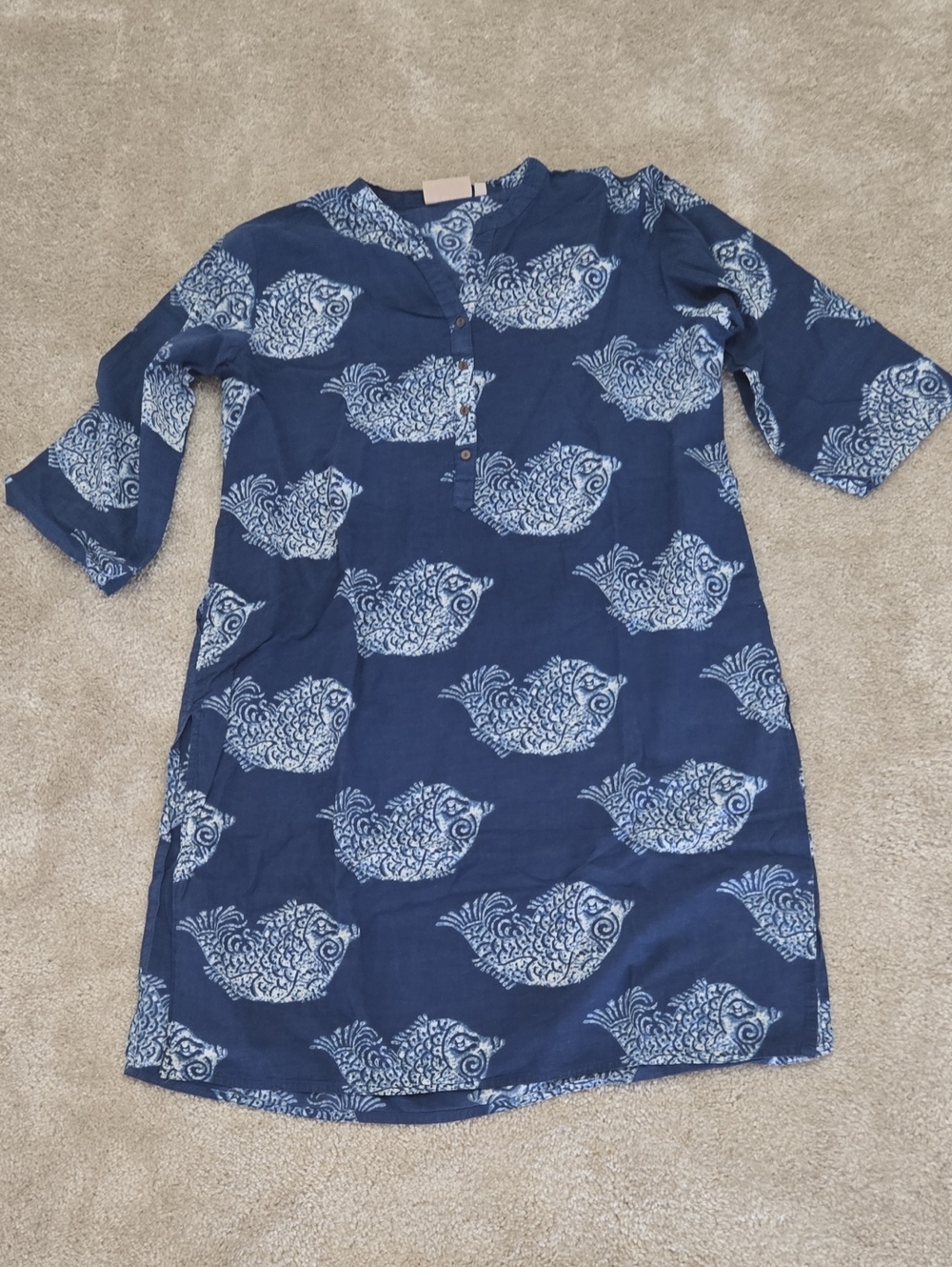 Blue Indian Dress Top Navy And White Fish Print